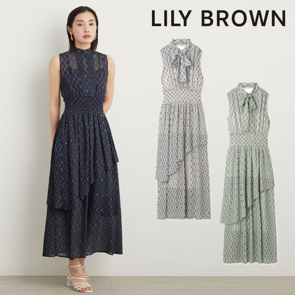 《即納》 リリーブラウン LILY BROWN 23春夏 プリントボウタイプリーツワンピース ドレス ノースリーブ ロング丈 lwfo232044