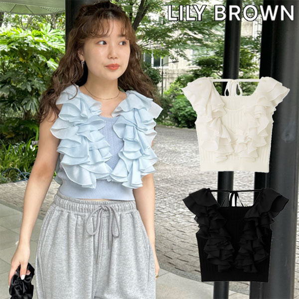 【SALE10%OFF】 【即納】リリーブラウン LILY BROWN トップス 24春夏 透かしフリルニットトップス ノースリーブ ショート丈 lwnt242112のサムネイル