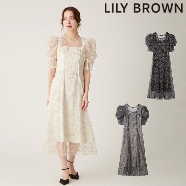 【即納】 リリーブラウン LILY BROWN ワンピース 24秋冬 チュール刺繍ドレス 半袖 ロング丈 透け感 シアー オケージョン 結婚式 お呼ばれ lwfo244017のサムネイル