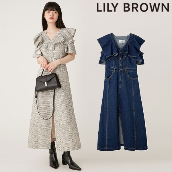 【土日も出荷中】【即納】 リリーブラウン LILY BROWN ワンピース 24秋冬 デニムフリルワンピース ドレス 半袖 ロング丈 スリット lwfo244024のサムネイル