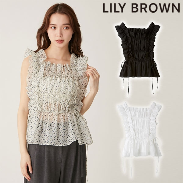 【即納】 リリーブラウン LILY BROWN トップス 24秋冬 フリルシャーリングブラウス ノースリーブ ミドル丈 透け感 lwft244022のサムネイル