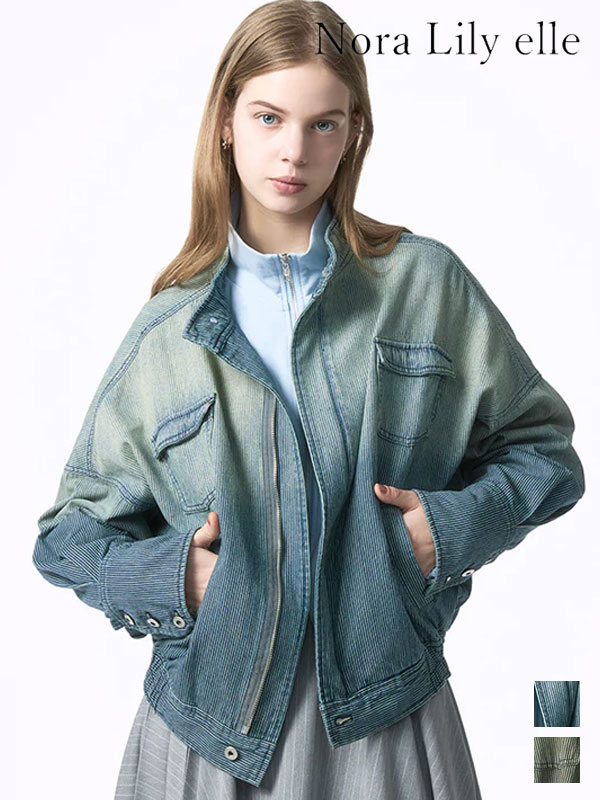 樂天商城 - 【SALE10%OFF】【即納】Nora Lily ノラリリー アウター 「elle」Bleached Hickory Stand Collar Blouson-Blue Hickory ブリーチドヒッコリースタンドカラーブルゾンブルーヒッコリー ミドル丈 長袖 226242001 26春夏