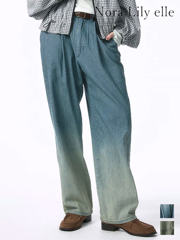 樂天商城 - 【SALE10%OFF】【即納】Nora Lily ノラリリー ボトムス 「elle」Bleached Hickory Gradation Pants-Blue Hickory ブリーチドヒッコリーグラデーションパンツブルーヒッコリー フルレングス 226260002 26春夏