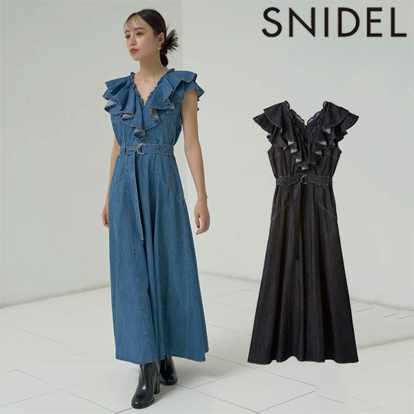 【SALE10%OFF】 【即納】 スナイデル SNIDEL ワンピース 24秋冬 デニムフリルワンピース ロング丈 ノースリーブ 半袖 Aライン swfo244260のサムネイル