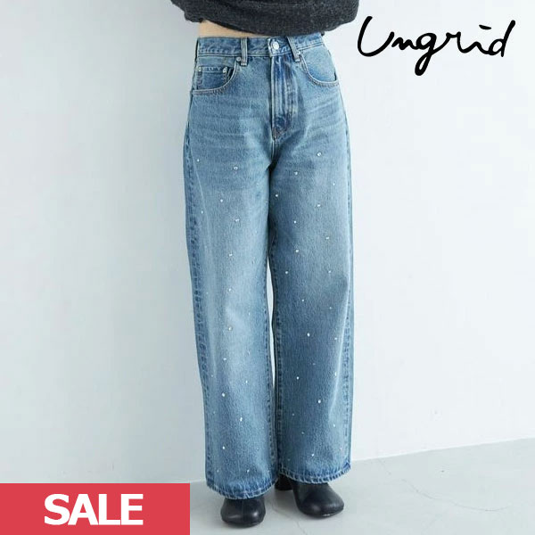 【SPRING SALE30%OFF】【即納】 アングリッド ungrid 23winter ビジューデザインルーズデニム ボトムス ロング丈 厚手 112352413101