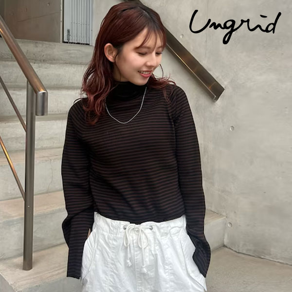 【SPRING SALE20%OFF】【即納】 アングリッド ungrid トップス 24春夏 フレアスリーブフィットボーダーニット タートル 長袖 ミドル丈 ..