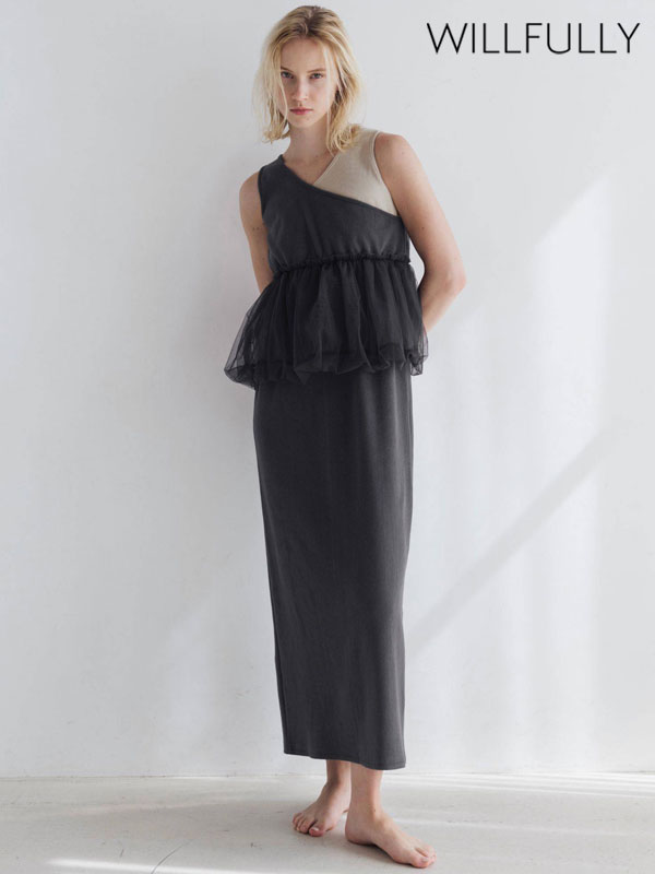 店内全品ポイント10倍 【新作10%OFF】【即納】ウィルフリー WILLFULLY ワンピース tulle peplum docking rib OP チュールペプラムドッキングリブワンピース ロング丈 タンクトップ ドレス 2611-op-12