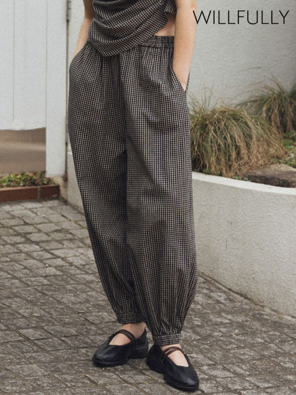 樂天商城 - 【即納】 ウィルフリー WILLFULLY ボトムス volume wide shirring check PT ボリュームワイドシャーリングチェックパンツ フルレングス 2611-op-12