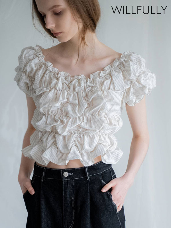 Rakuten - 【再生産決定！】 ウィルフリー WILLFULLY トップス whip shirring stripe 2way tops 7月中旬～下旬予約 ホイップシャーリングストライプツーウェイトップス 半袖 ミドル丈 2611-to-36