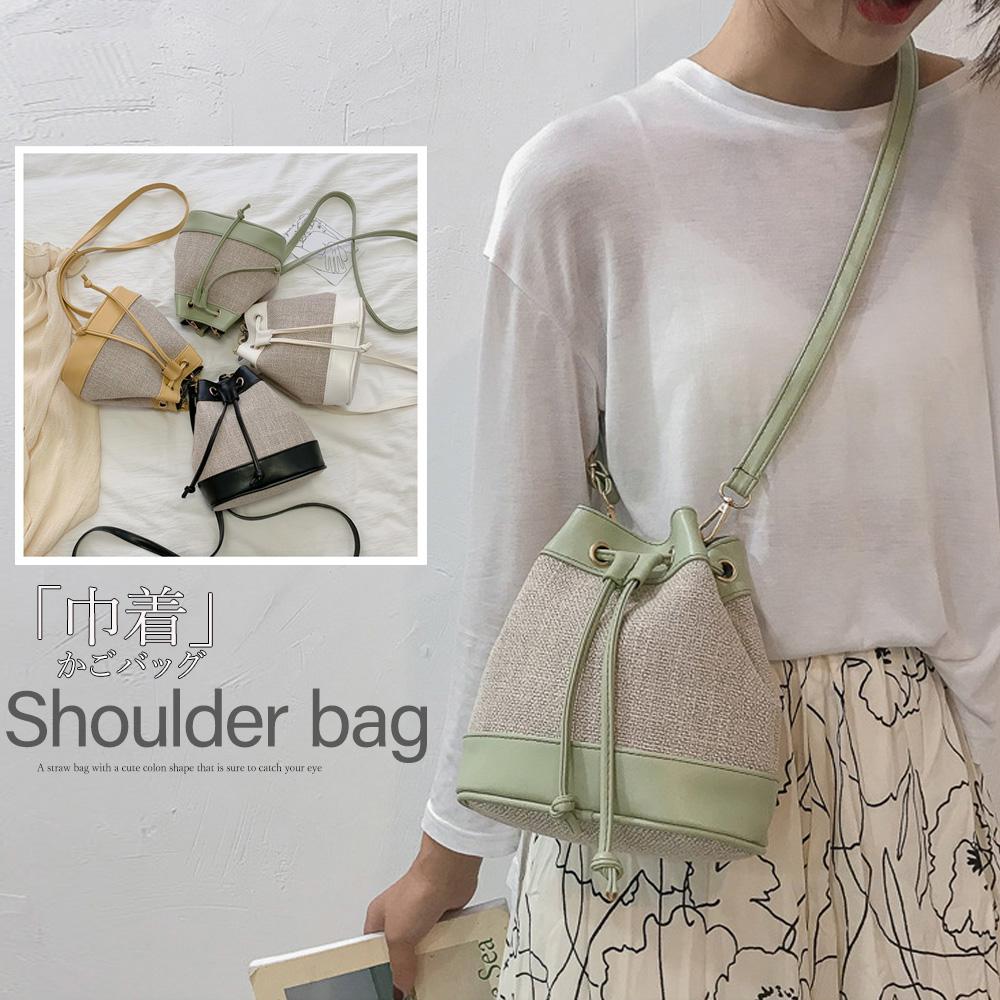 かごバッグ レディース 小さめ 斜め掛け シンプル 巾着型 爽やか 巾着バッグ ショルダーバッグ ストローバッグ ブラック ホワイト イエロー ミントグリーン 春夏 きれいめ 韓国ファッションのサムネイル