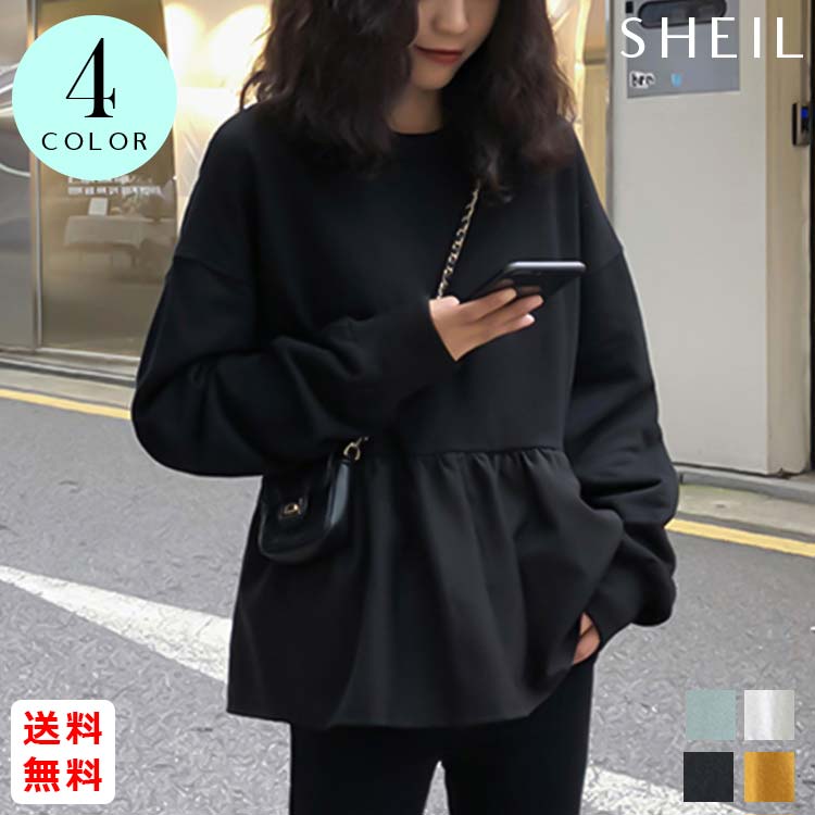 【全品送料無料】 ペプラムスウェット チュニック レディース 女性 カットソー 異素材切り替え 裾フレア Tシャツ 長袖 韓国ファッション秋冬 プルオーバーTシャツ 体型カバー トップス 20代 30代 かわいい キュートのサムネイル