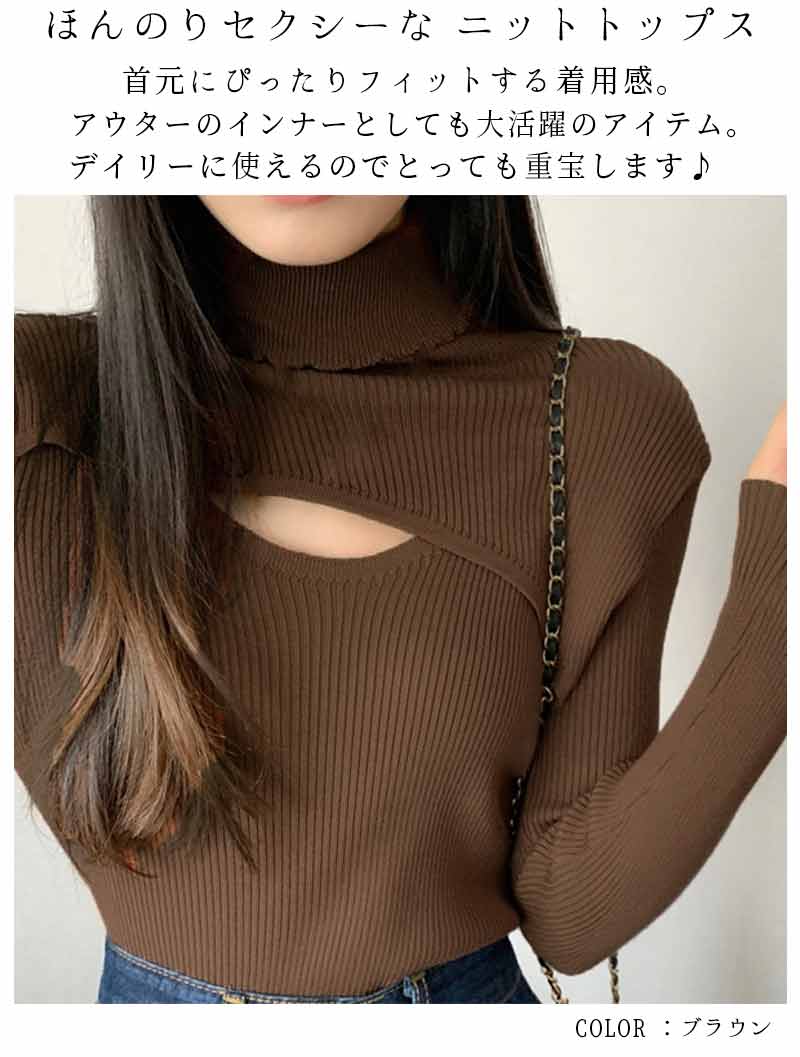 ＼10%OFFクーポン+P5倍／ 【全品送料無料】ハイネック ニットトップス レディース 女性 ニットソー 着やせ ニットインナー タートルネック 胸見せ 長袖ニット 無地 シンプル タイトトップス 秋冬 リブニット 胸開き ニットソー 重ね着 インナー