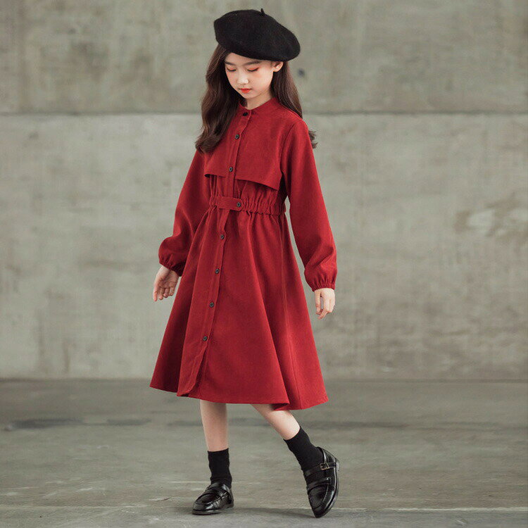 樂天商城 - 子供ドレス ワンピース 女の子 ドレス ジュニア ガーリー 入学式 子供 ドレス 長袖 女の子 キッズ 卒業式 入学式 フォーマル 子供服 トレンチ風ワンピース フロントボタンワンピース ドレス ピアノ 発表会 七五三 サンタ クリスマス 赤 黒 120