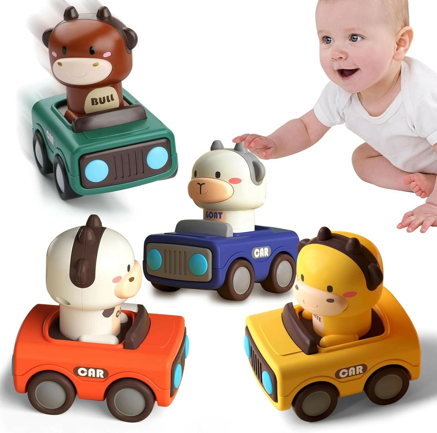 樂天商城 - 4 in 1プレス＆ゴー おもちゃカーセット 赤ちゃん用の車のおもちゃ 4種類の動物レーシングカー プレス＆ゴー 仕掛け付きで電池不要 6ヶ月以上の幼児向け 知育玩具 1〜3歳 誕生日プレゼント