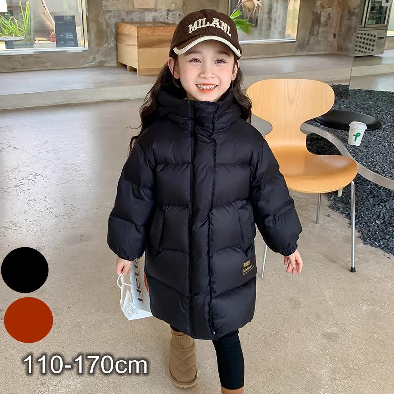 ダウンコート ダウンジャケット 秋 冬 子供 女の子 キッズ 中綿コート ロングコート 中綿ジャケット フード付き ポケット付き ロング丈 子供服 コート ジャケット アウター 中綿入れ 長袖 軽量 無地 2色 黒 レッド おしゃれ 暖かい 厚手 110 120 130 140 150 160 170