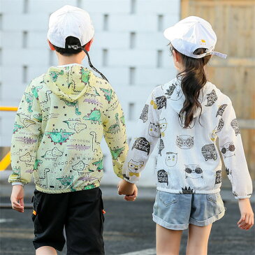 UVカット パーカー キッズ ラッシュガード 子供服 恐竜 ネコ柄 接触冷感 蒸れない UVパーカー こども 長袖 ラッシュパーカー フード付き 薄手 速乾 男の子 女の子 冷え防止 紫外線カット 日焼け防止 屋外 レジャー スポーツ 可愛い 夏 涼しい トップス 通気性良い