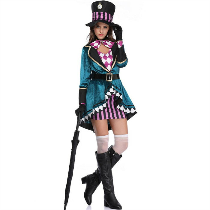 ハロウィン マッドハッター 帽子屋 コスチューム コスプレ衣装 大人用 舞台劇 長袖 ミニドレス セクシー セット 帽子 燕尾 ジャケット ワンピース 女法師 魔術師 仮装 文化祭 忘年会 舞台衣装 演出服 レディース 女性用 セットアップ ハロウィン仮装