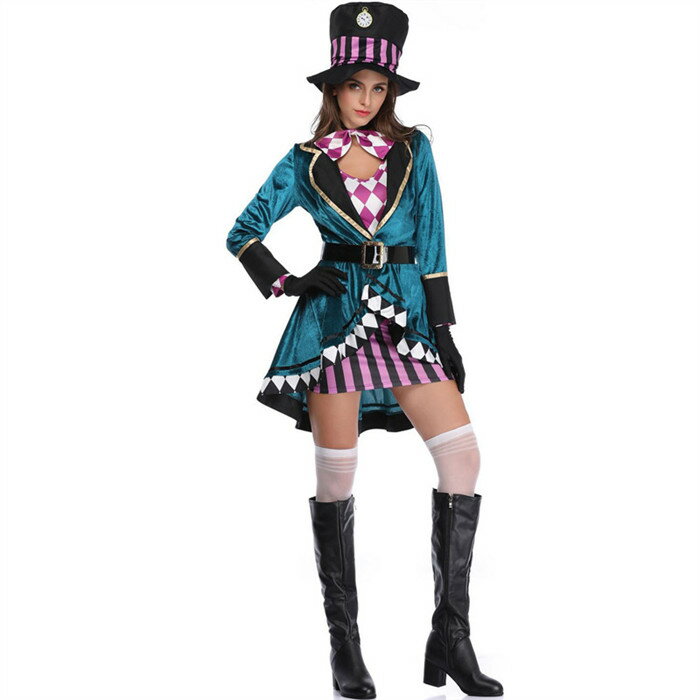 ハロウィン マッドハッター 帽子屋 コスチューム コスプレ衣装 大人用 舞台劇 長袖 ミニドレス セクシー セット 帽子 燕尾 ジャケット ワンピース 女法師 魔術師 仮装 文化祭 忘年会 舞台衣装 演出服 レディース 女性用 セットアップ ハロウィン仮装