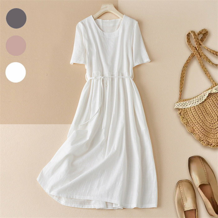 ワンピース レディース ロングワンピース リネンワンピース Vネック 夏 夏用 綿麻 半袖 ワンピ マキシ丈 無地 シンプル クルーネック 着痩せ ゆったり 体型カバー 薄手 通気性よい きれいめ おしゃれ かわいい カジュアル ファッション リゾート ビーチ 旅行 海 海辺のサムネイル