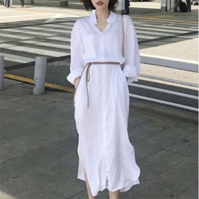 シャツワンピース ロングワンピース レディース シャツ 春 夏 秋 前開き POLOネック 長袖 ベルト付き ロング丈 スリット 薄手 無地 シンプル ゆったり 体型カバー きれいめ 着痩せ おしゃれ かわいい カジュアル リゾート ビーチ 旅行 海 海辺 通勤 通学 オフィス ビジネス