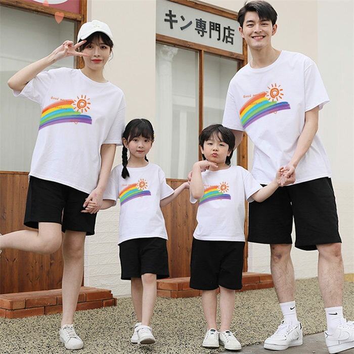 親子コーデ 親子 ペアtシャツ 親子ペアルック 赤ちゃん リンクコーデ 丸首 レインボー 半袖 ペアルック Tシャツ 親子お揃い 親子ペア tシャツ ロンパース 親子服 夏 メンズ レディース 男の子 女の子 ママ パパ 子供服 ベビー服 家族お揃い ベビー ご夫婦 お揃い カップル