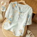 花柄シャツ レディース ブラウス Tシャツ 綿麻シャツ 半袖シャツ 夏 夏服 綿麻風 花柄 総柄 半袖 Vネック tシャツ トップス 薄手 涼しい ゆったり 柔...