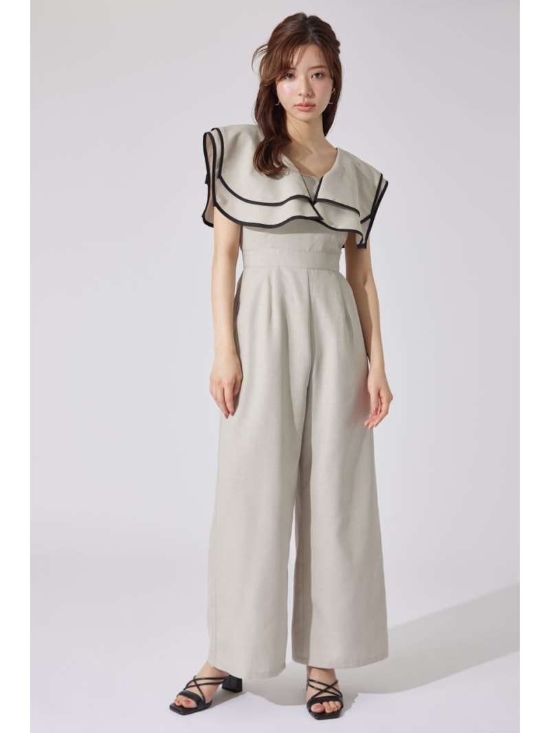 【SALE／40%OFF】【一部店舗・WEB限定】ショルダーダブルフリルロンパース rienda リエンダ オールインワン・オーバーオール オールインワン・つなぎ ブラック ベージュ【RBA_E】【送料無料】[Rakuten Fashion]