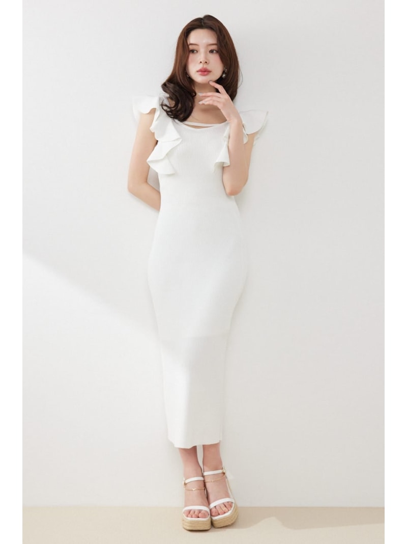 【AKB48 倉野尾成美さん着用アイテム】ショルダーフリルタイトニットワンピース rienda リエンダ ワンピース・ドレス ワンピース ブラック ホワイト グリーン ピンク【送料無料】[Rakuten Fashion]
