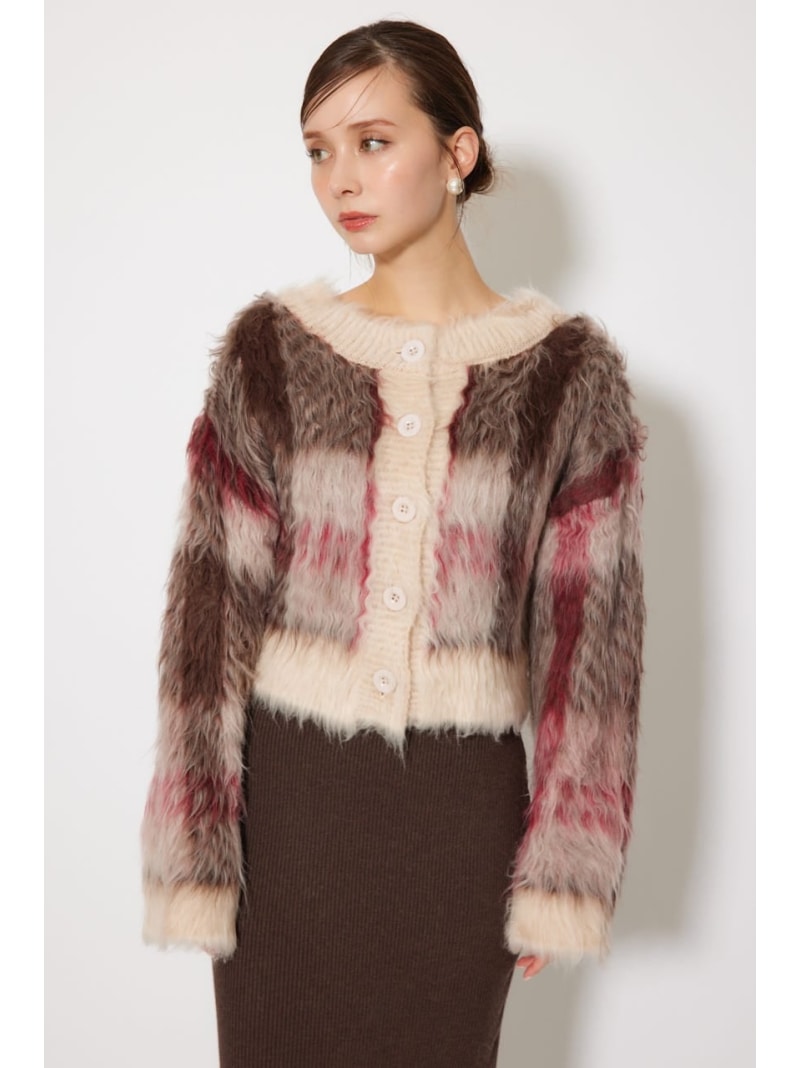 【SALE／30%OFF】2WAYロングシャギーチェックショートニットカーディガン rienda リエンダ トップス カーディガン ベージュ グレー【RBA_E】【送料無料】[Rakuten Fashion]