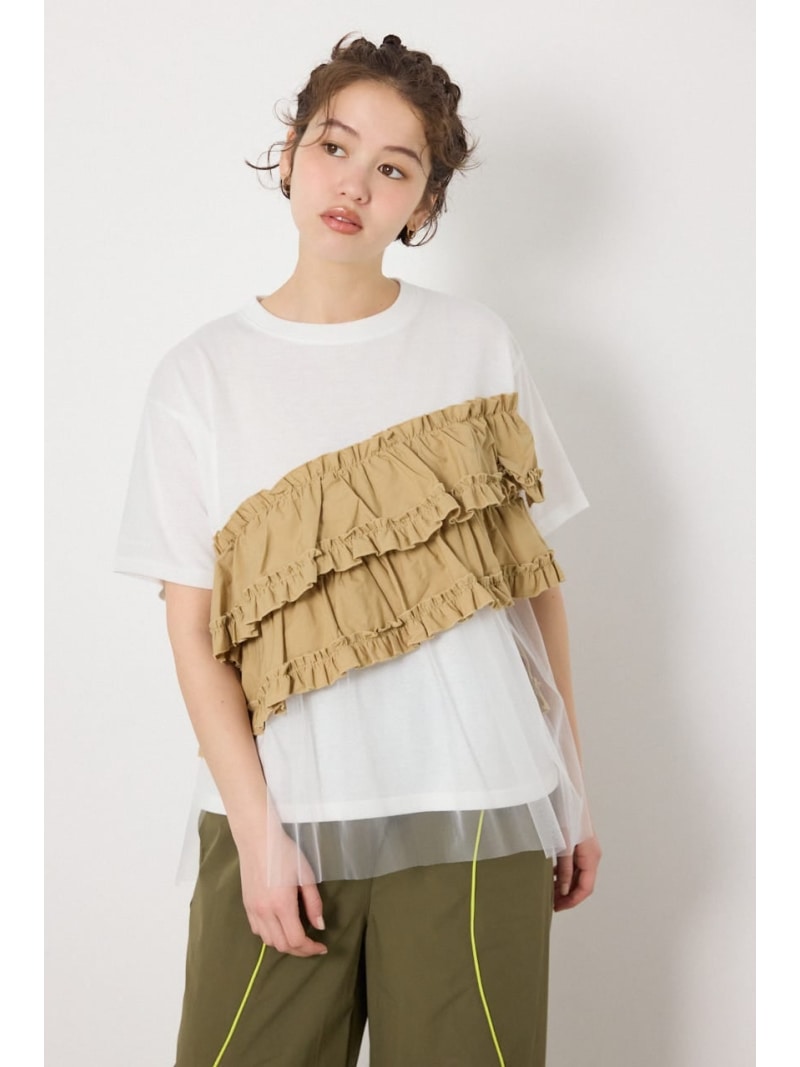 Rakuten - 布帛チュールドッキングトップス RODEO CROWNS WIDE BOWL ロデオクラウンズワイドボウル トップス カットソー・Tシャツ ブラック ピンク ホワイト【送料無料】[Rakuten Fashion]
