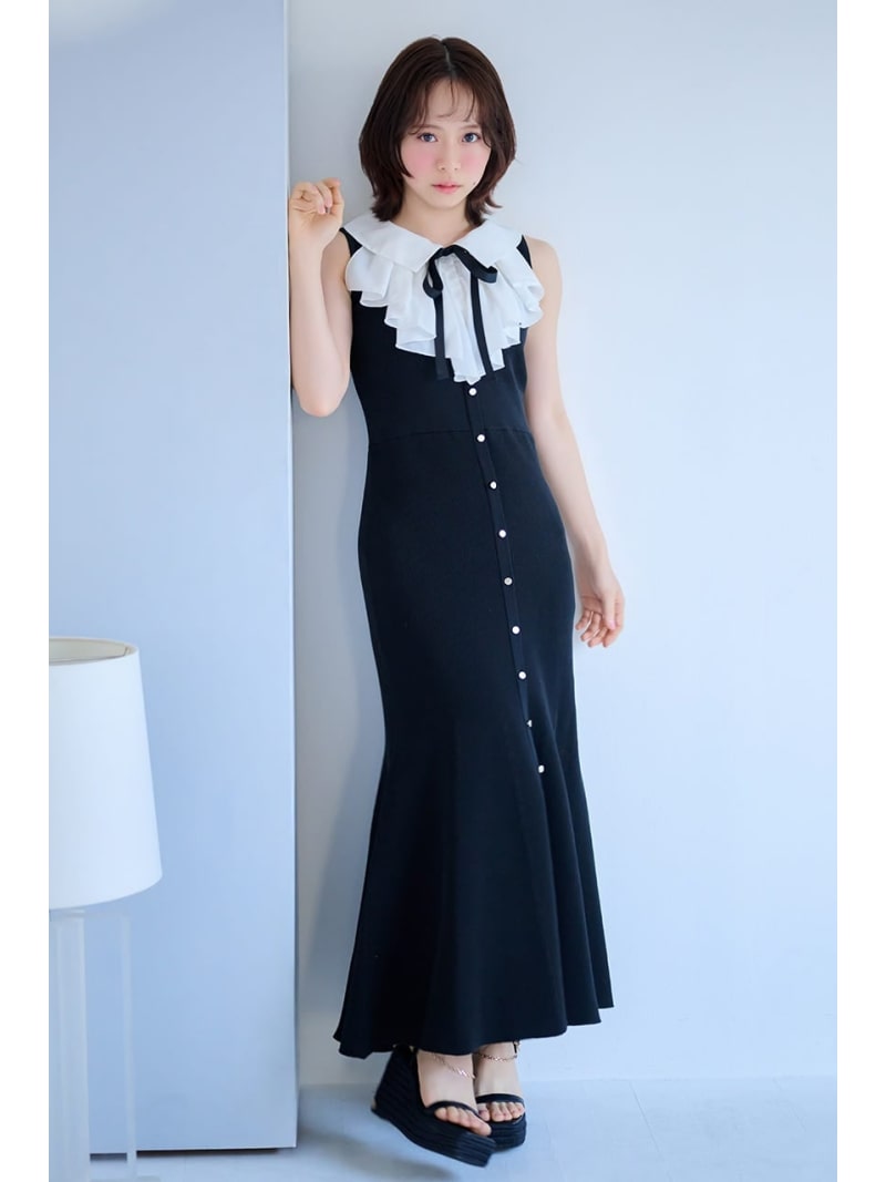 【AKB48 倉野尾成美さん着用アイテム】フリルシャツドッキングニットマーメイドワンピース rienda リエンダ ワンピース・ドレス ワンピース イエロー ブラック グレー【送料無料】[Rakuten Fashion]