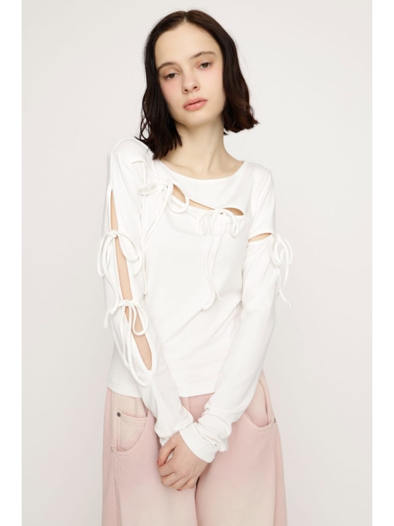 CUT OUT RIBBON トップス SLY スライ トップス カットソー・Tシャツ ブラック ホワイト【送料無料】[Rakuten Fashion]