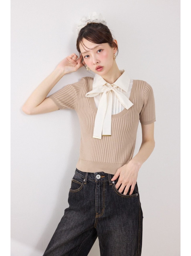 樂天商城 - シャツドッキングハーフスリーブニットトップス rienda リエンダ トップス ニット グレー ベージュ ネイビー【送料無料】[Rakuten Fashion]