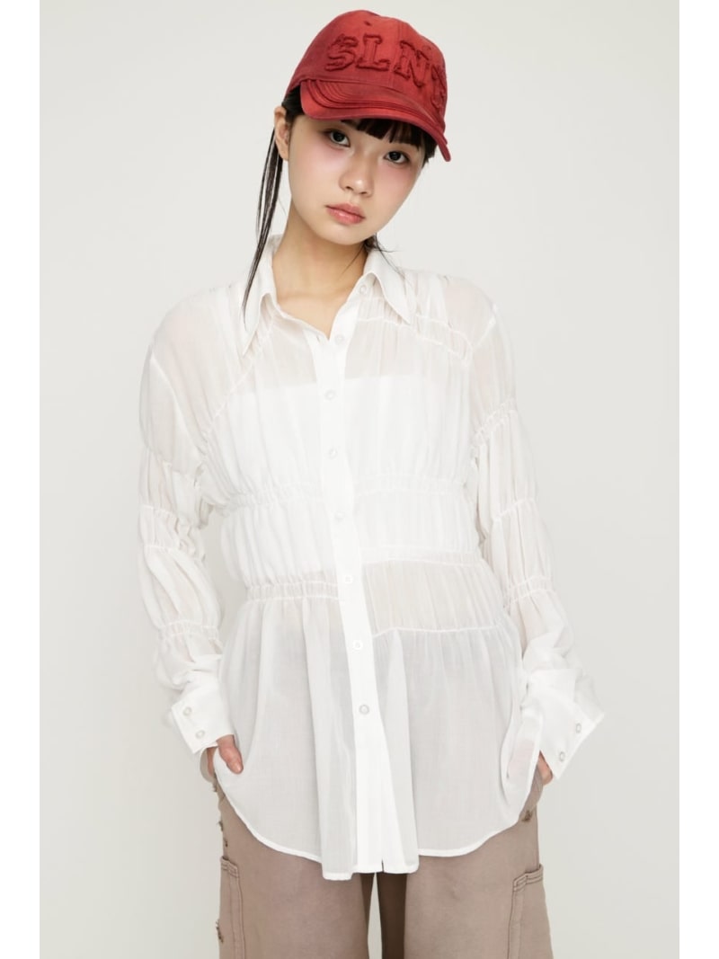 ASYMMETRY SHIRRING SHEER シャツ SLY スライ トップス シャツ・ブラウス ピンク ホワイト グレー【送料無料】[Rakuten Fashion]