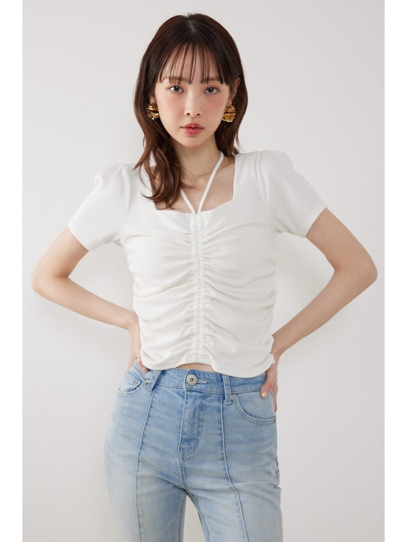 フロントギャザーカットトップス rienda リエンダ トップス カットソー・Tシャツ ブラック ホワイト ピンク【送料無料】[Rakuten Fashion]