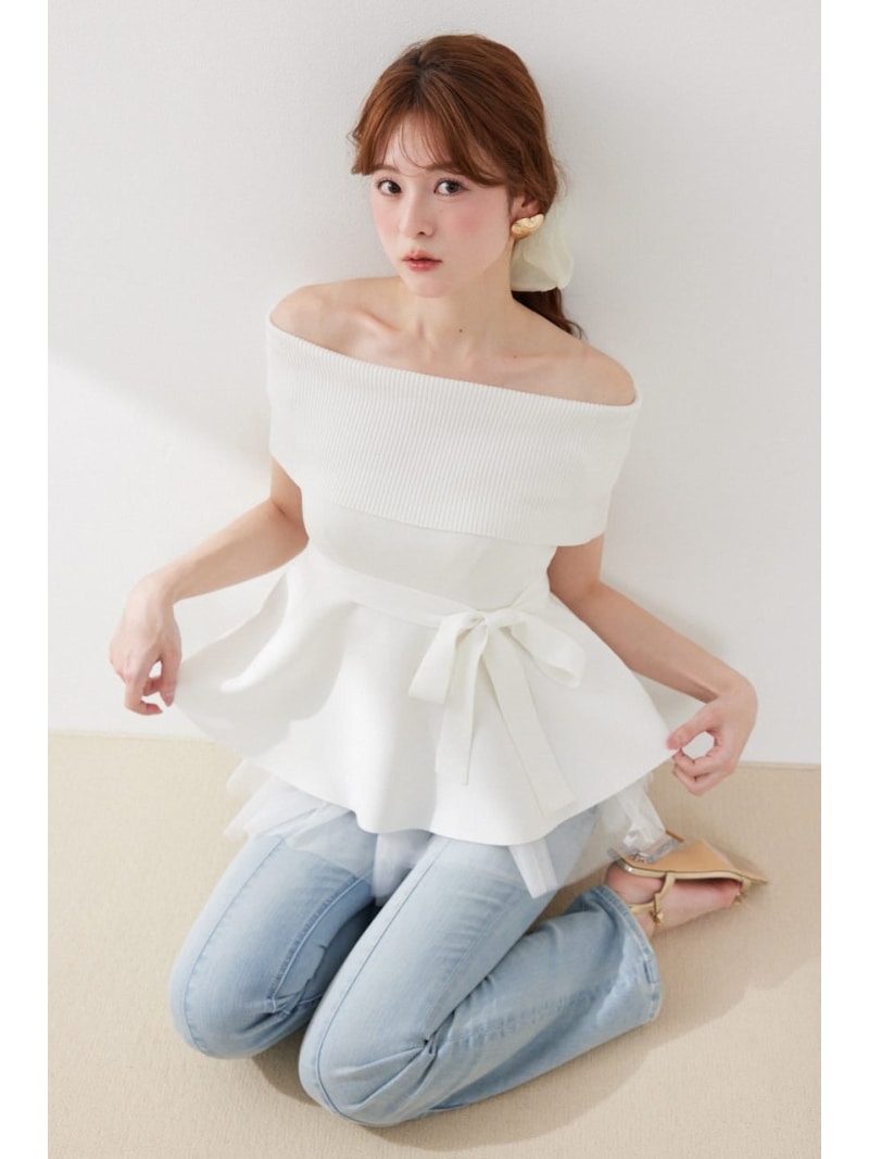 Rakuten - チュールレイヤードハーフスリーブニットトップス rienda リエンダ トップス ニット ブラック ホワイト ピンク ベージュ【送料無料】[Rakuten Fashion]