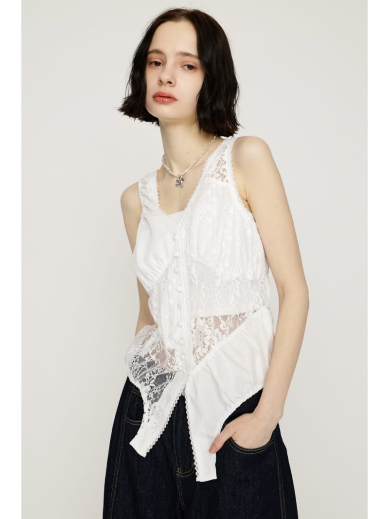 ASYMMETRY PATCHWORK LACE GILET SLY スライ トップス その他のトップス ホワイト ブラック【送料無料】[Rakuten Fashion]