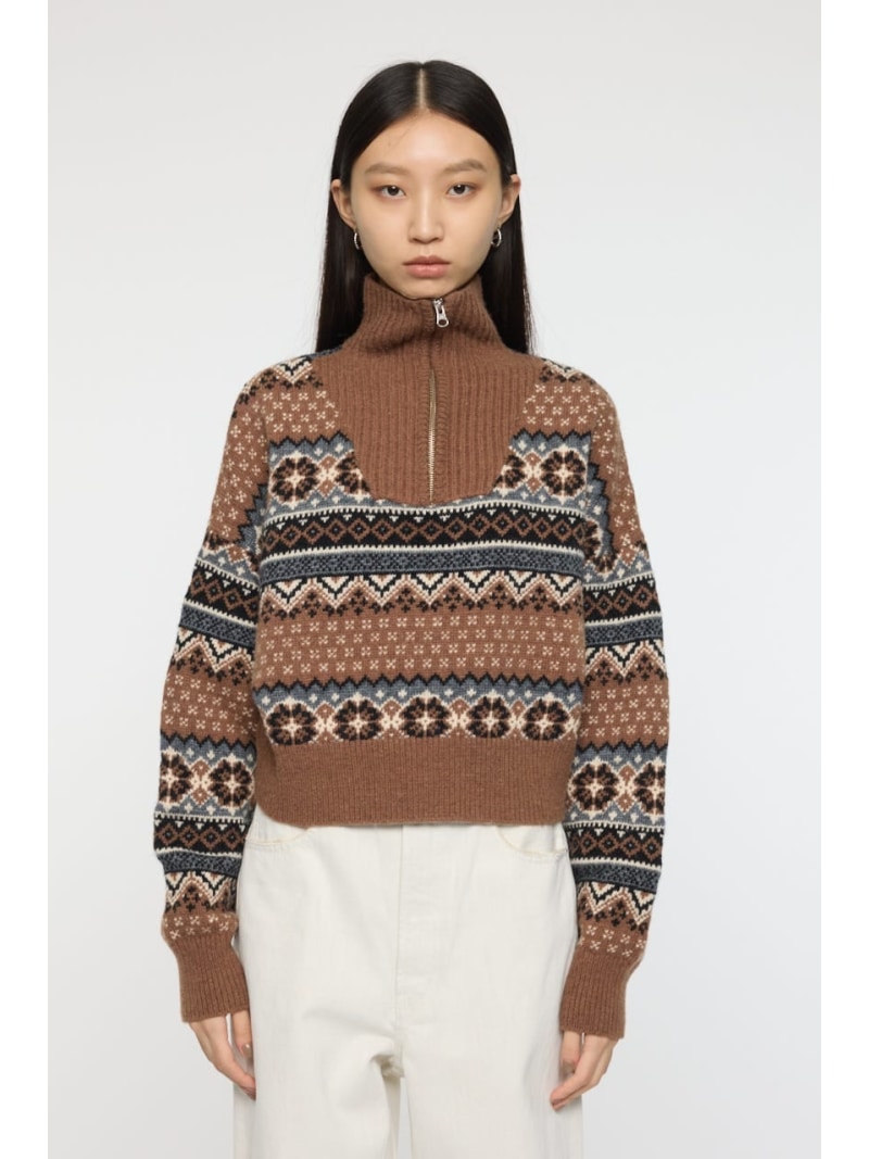 Rakuten - 【SALE／50%OFF】HALF ZIP FAIR ISLE セーター MOUSSY マウジー トップス ニット ブラウン レッド【RBA_E】【送料無料】[Rakuten Fashion]