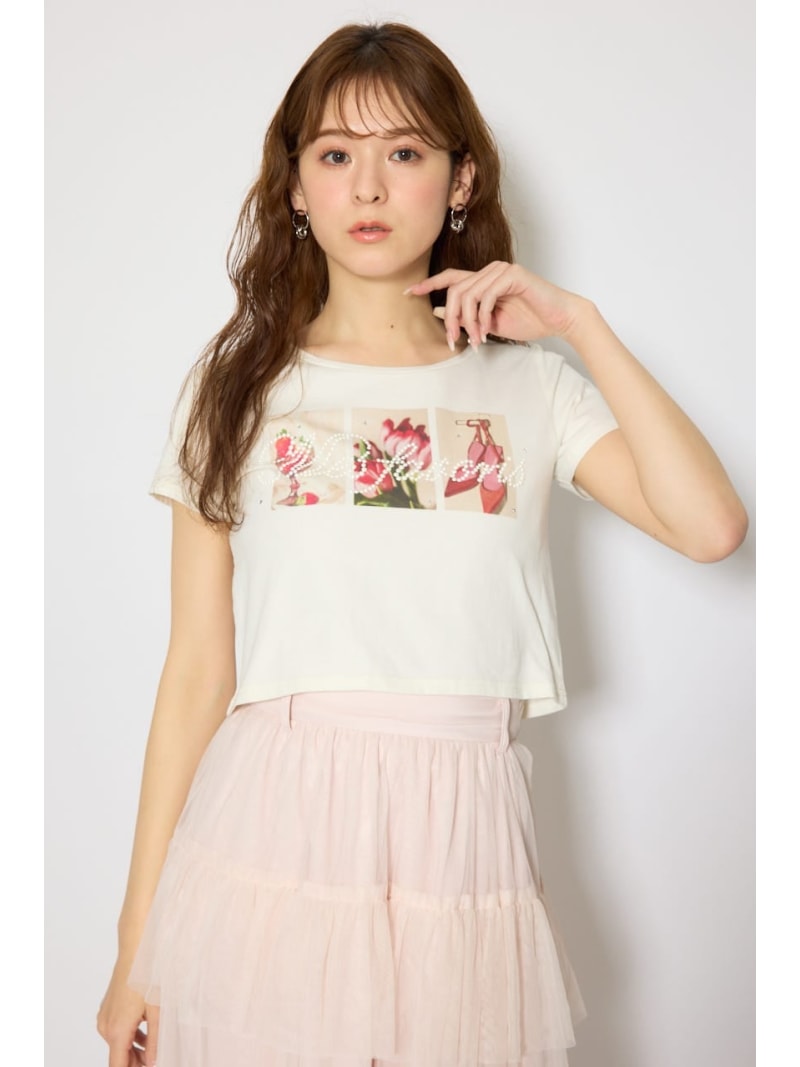 モチーフフォトショートTシャツ rienda リエンダ トップス カットソー・Tシャツ ホワイト ピンク