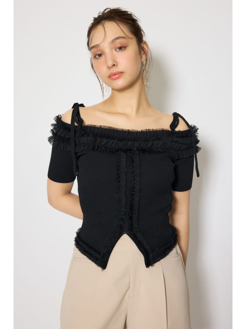 Rakuten - オフショルフリルニットトップス rienda リエンダ トップス ニット ブラック ピンク イエロー【送料無料】[Rakuten Fashion]