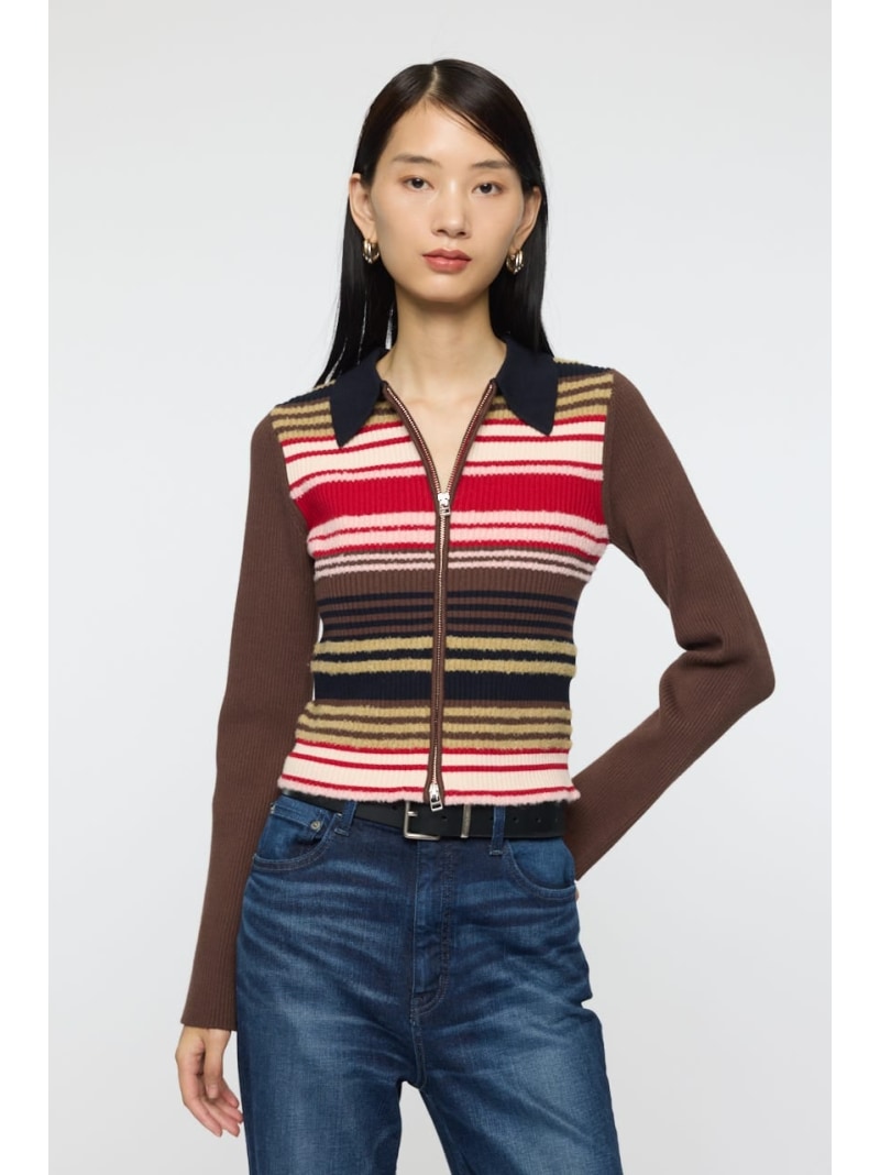 樂天商城 - 【SALE／50%OFF】STRIPE ZIP UP KNIT シャツ MOUSSY マウジー トップス シャツ・ブラウス ネイビー ブラウン【RBA_E】【送料無料】[Rakuten Fashion]