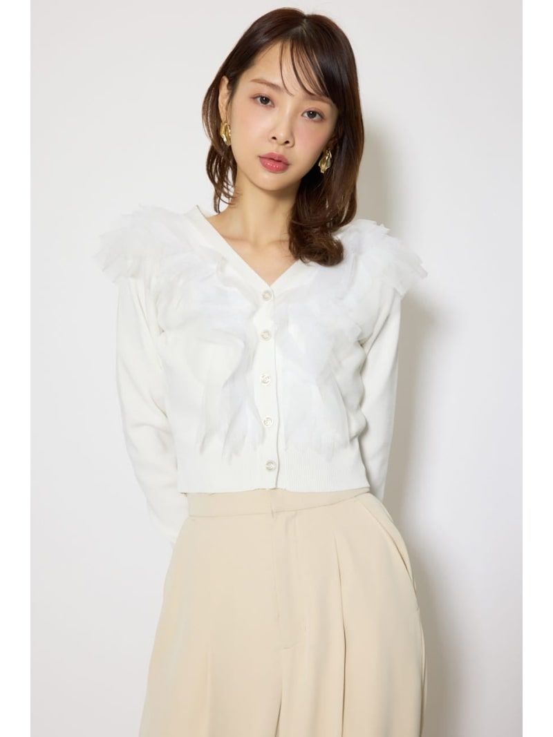 Rakuten - フリルチュールニットカーディガン rienda リエンダ トップス カットソー・Tシャツ グレー ピンク ホワイト【送料無料】[Rakuten Fashion]