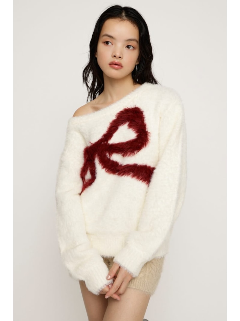 ONE SHOULDER RIBBON KNIT トップス SLY スライ トップス ニット レッド グレー ホワイト ブラック【送料無料】[Rakuten Fashion]