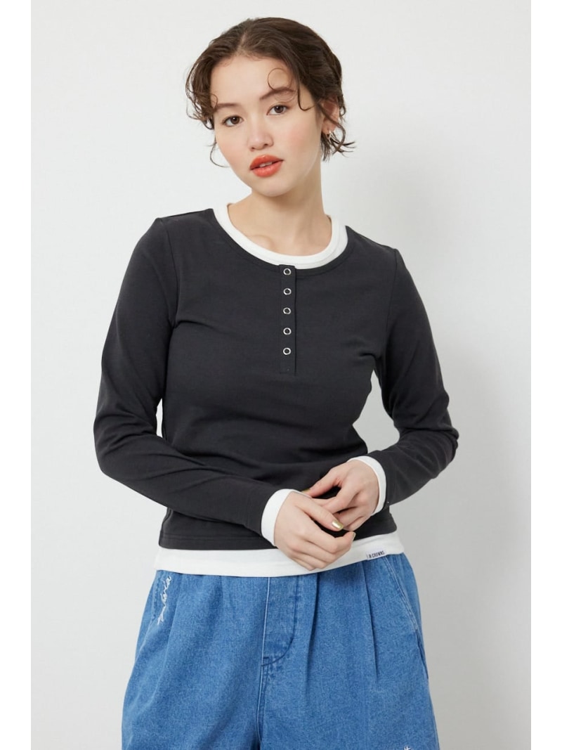 Rakuten - フェイクレイヤードヘンリーネックトップス RODEO CROWNS WIDE BOWL ロデオクラウンズワイドボウル トップス カットソー・Tシャツ ネイビー ブラック グレー【送料無料】[Rakuten Fashion]