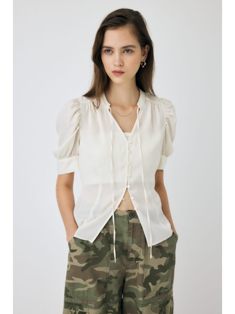 【SALE／20%OFF】GATHERED SHOULDER ハーフスリーブブラウス MOUSSY マウジー トップス シャツ・ブラウス ブラック ホワイト ブラウン【RBA_E】【送料無料】[Rakuten Fashion]