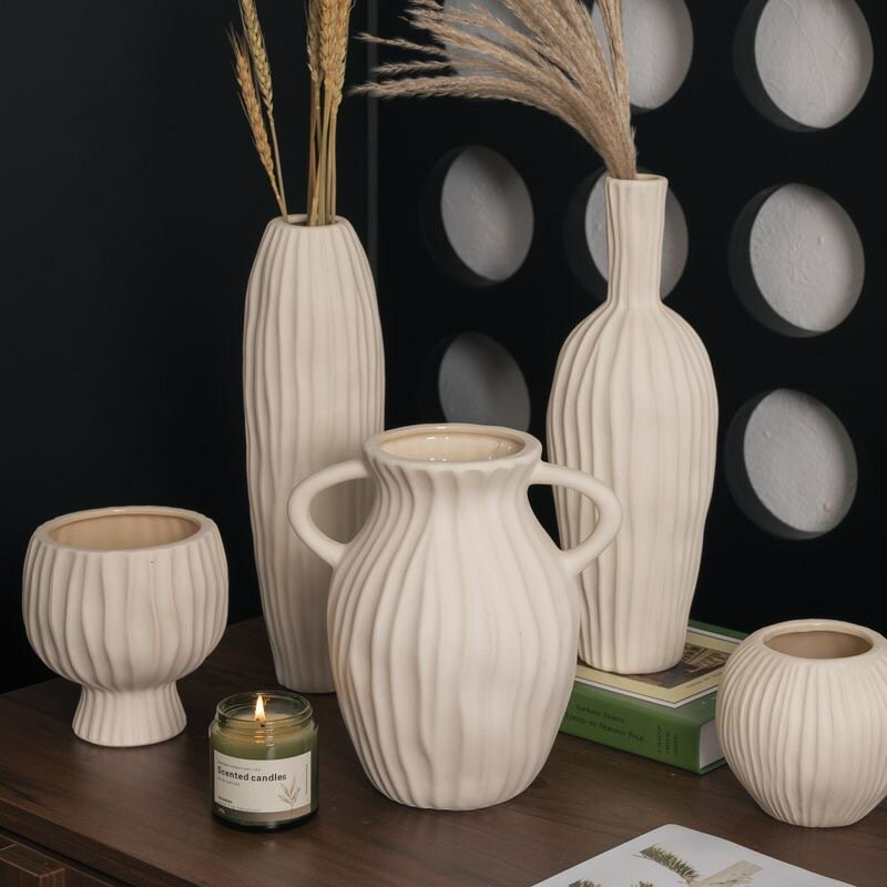 花瓶 陶器 おしゃれ 手作り 一輪挿し 大きい セラミック フラワーベース 2色 北欧 造花 生花 枝物 グリ..