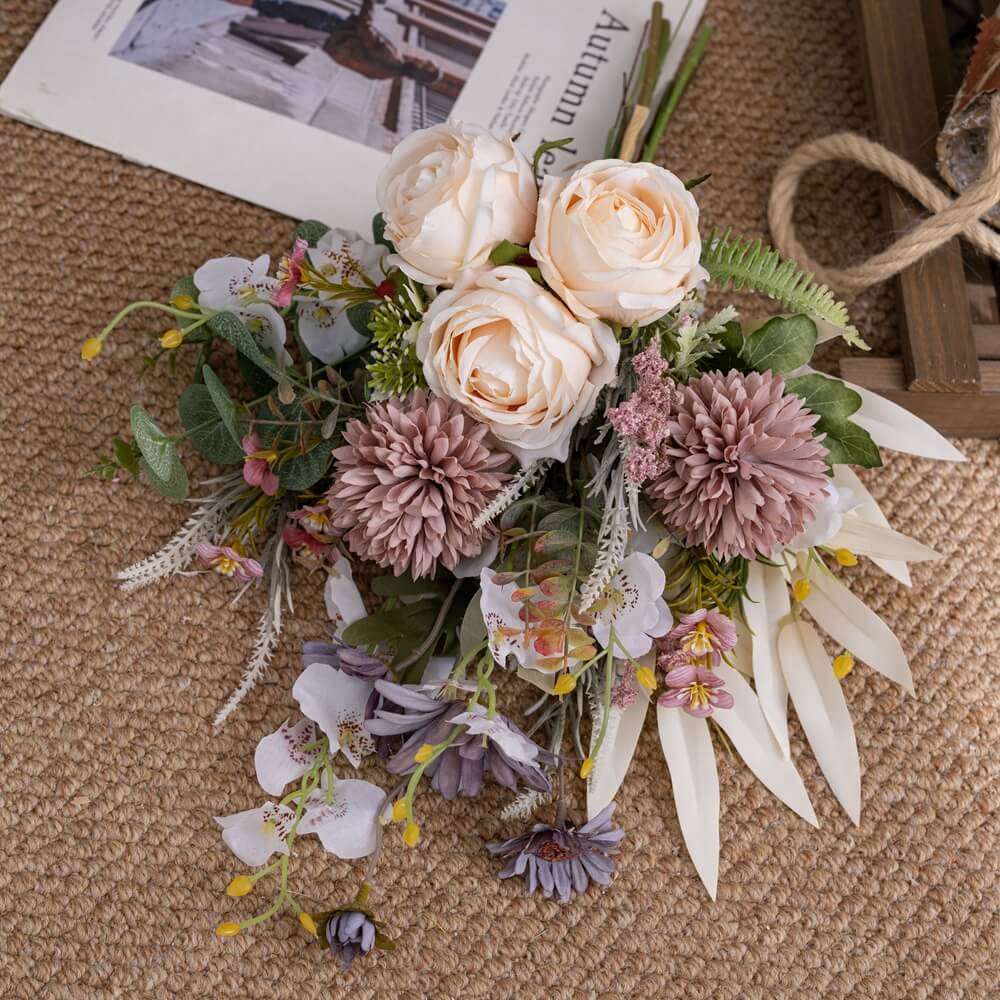 WillingYou ウェディングブーケ 造花 ブーケ 花嫁ブーケ インテリア フラワーアレンジメント 北欧スタイル 人工観葉植物 現代 シンプル ホテル オフィス 店舗 家の装飾 写真撮影 フォト 母の日 プレゼント ギフト そのまま飾れる 花束 1束入 ホワイトグリーンのサムネイル