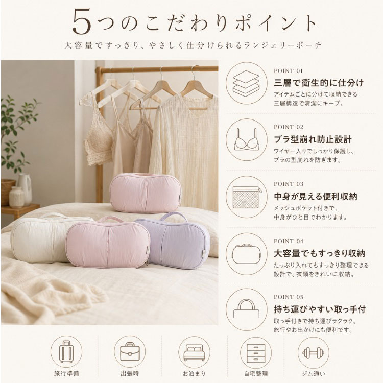 【最大20％OFFクーポン】ランジェリーポーチ 下着収納ポーチ トラベルポーチ 3in1 三層収納 型崩れ防止 ワイヤー入り ブラジャー収納 ショーツ収納 靴下収納 大容量 コンパクト 仕切り付き メッシュポケット ファスナー式 持ち手付き バッグインバッグ 旅行用 出張 お泊まり sherrock-10006551 Dream Shop SHERROCK サンプル画像3