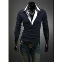 【ポイント5倍】トップス ニット Vネック メンズ 長袖 重ね着風 二重襟付き ブラック ダークブルー 処分品 現品 限り