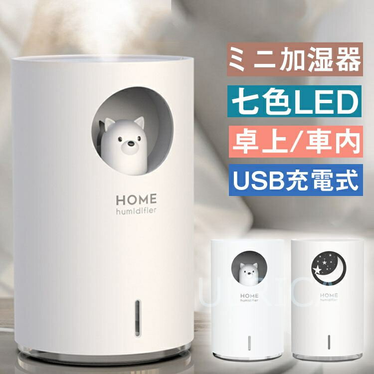 ミニ加湿器 USB かわいい 加湿器 卓上 超静音 車用加湿器 除菌 七色LEDライト 小型 オフィス 部屋 車載 ベットライト 乾燥/花粉症対策 プレゼン